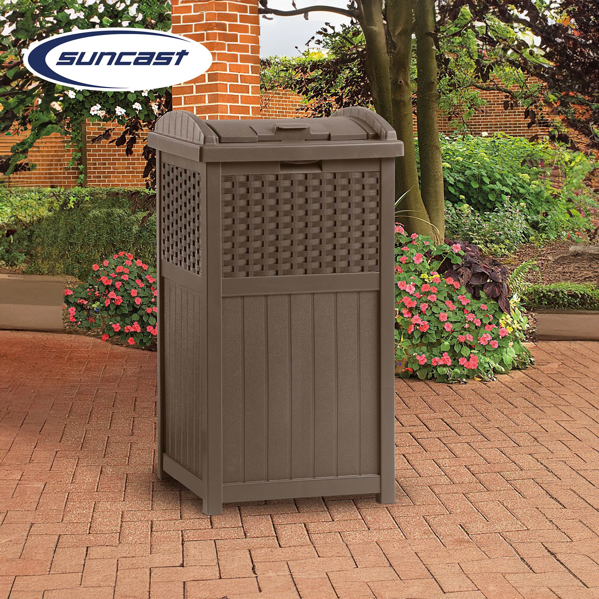 Suncast Trashcan Hideaway Outdoor 33 Gallon Garbage Waste Bin, Brown (2 Pack) - VMInnovations