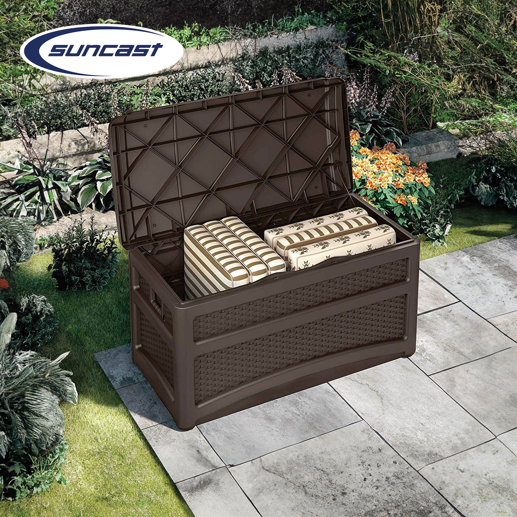 Suncast Outdoor 73 Gallon Patio Storage Chest with Handles and Seat, Java (2 Pk) - VMInnovations