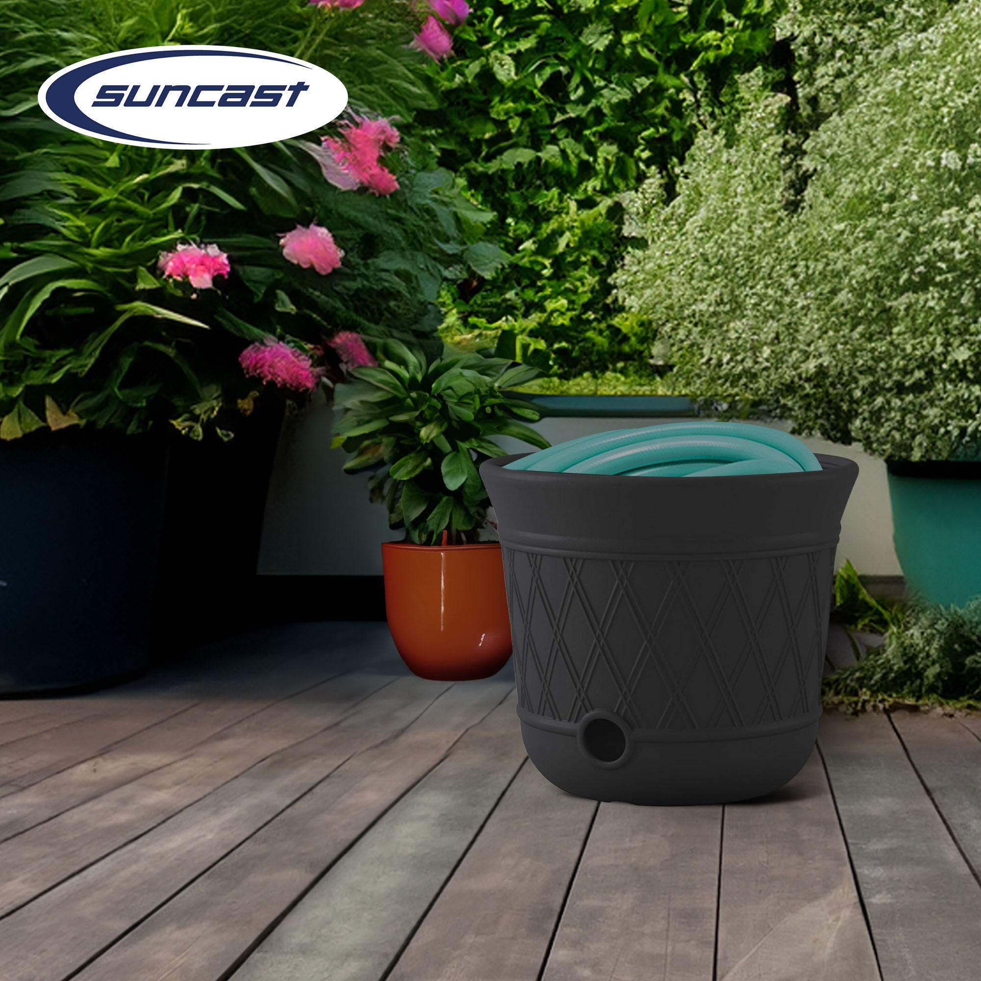 Suncast 14 x 12" Resin Decorative Hideaway Outdoor Garden Hose Storage Pot, Gray - VMInnovations
