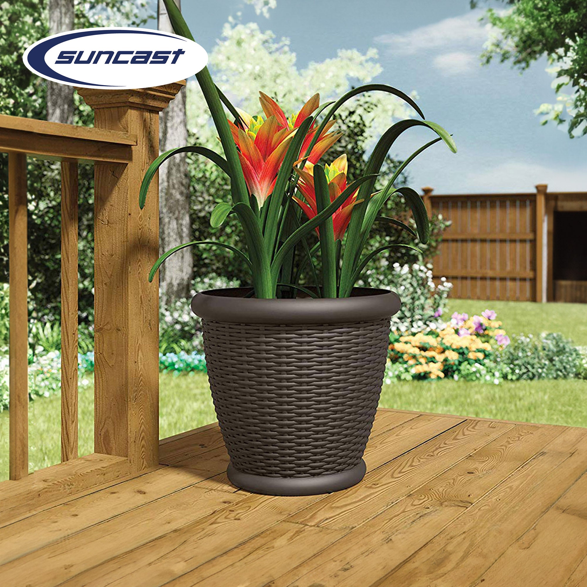 Suncast Willow 18" Diameter Decorative Wicker Patio Planter Pot, Java (4 Pack) - VMInnovations
