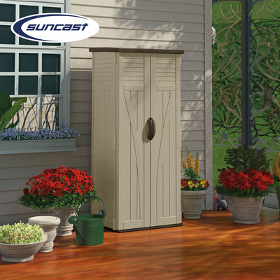 Suncast 22 Cubic Feet All-Weather Vertical Tall Outdoor Storage Shed, Brown - VMInnovations