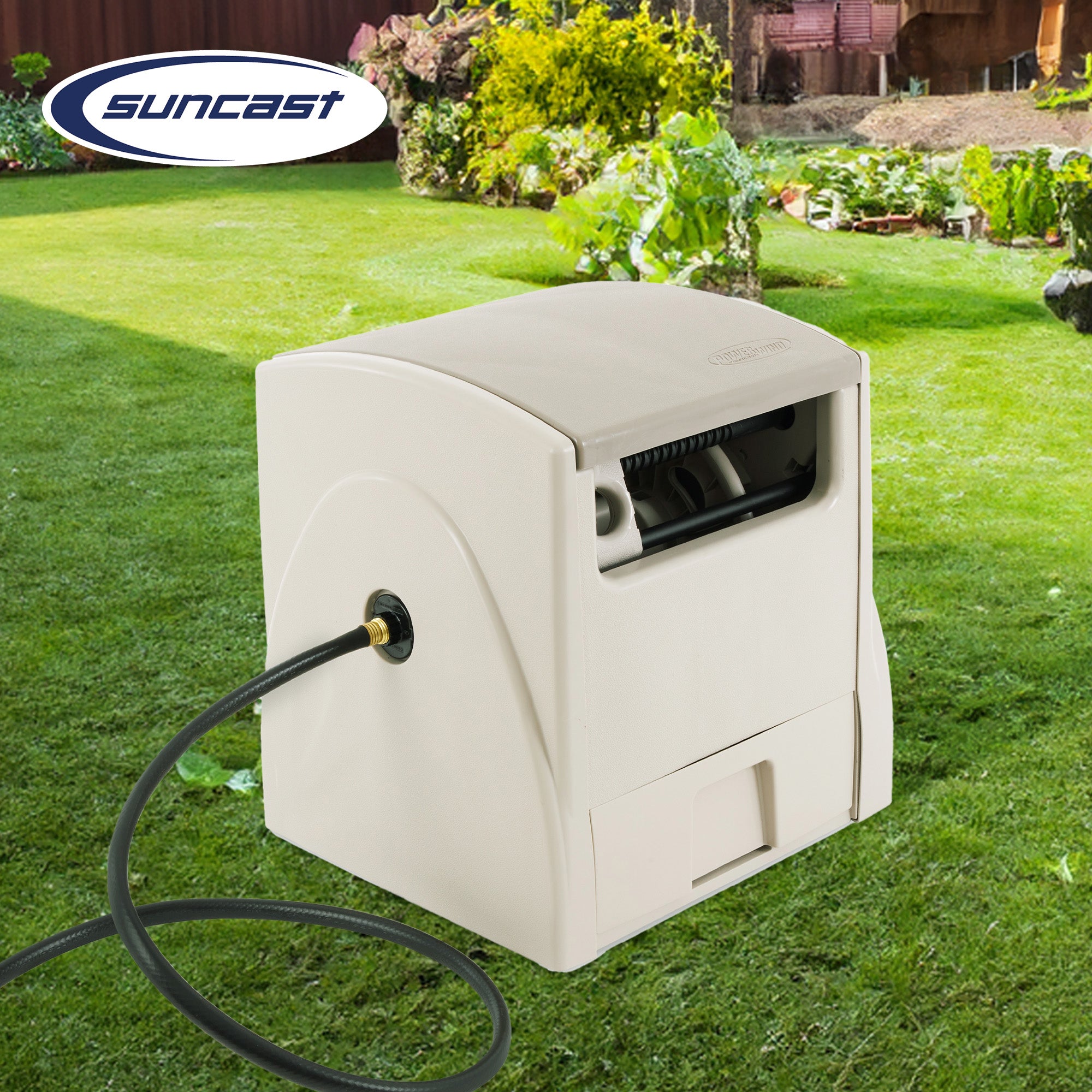 Suncast 100 Foot Powerwind Automatic Rewind Hose Reel, Light Taupe (Open Box) - VMInnovations