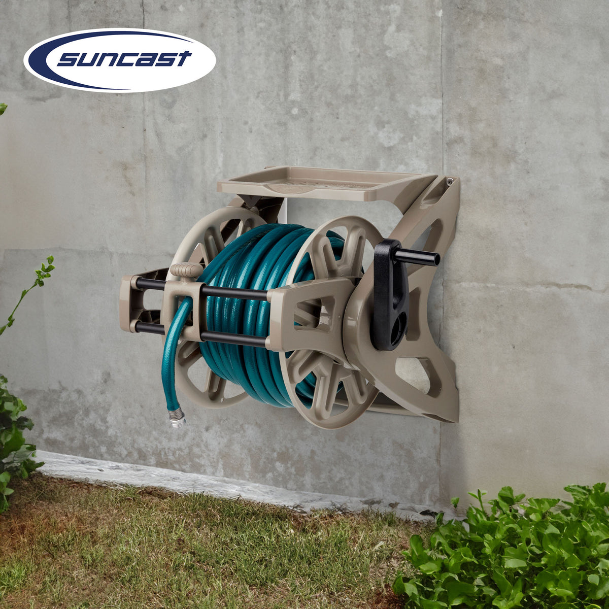 Suncast 175 Foot Slide Trak Garden Hose Wall Mounted Hose Reel, Java (Open Box)