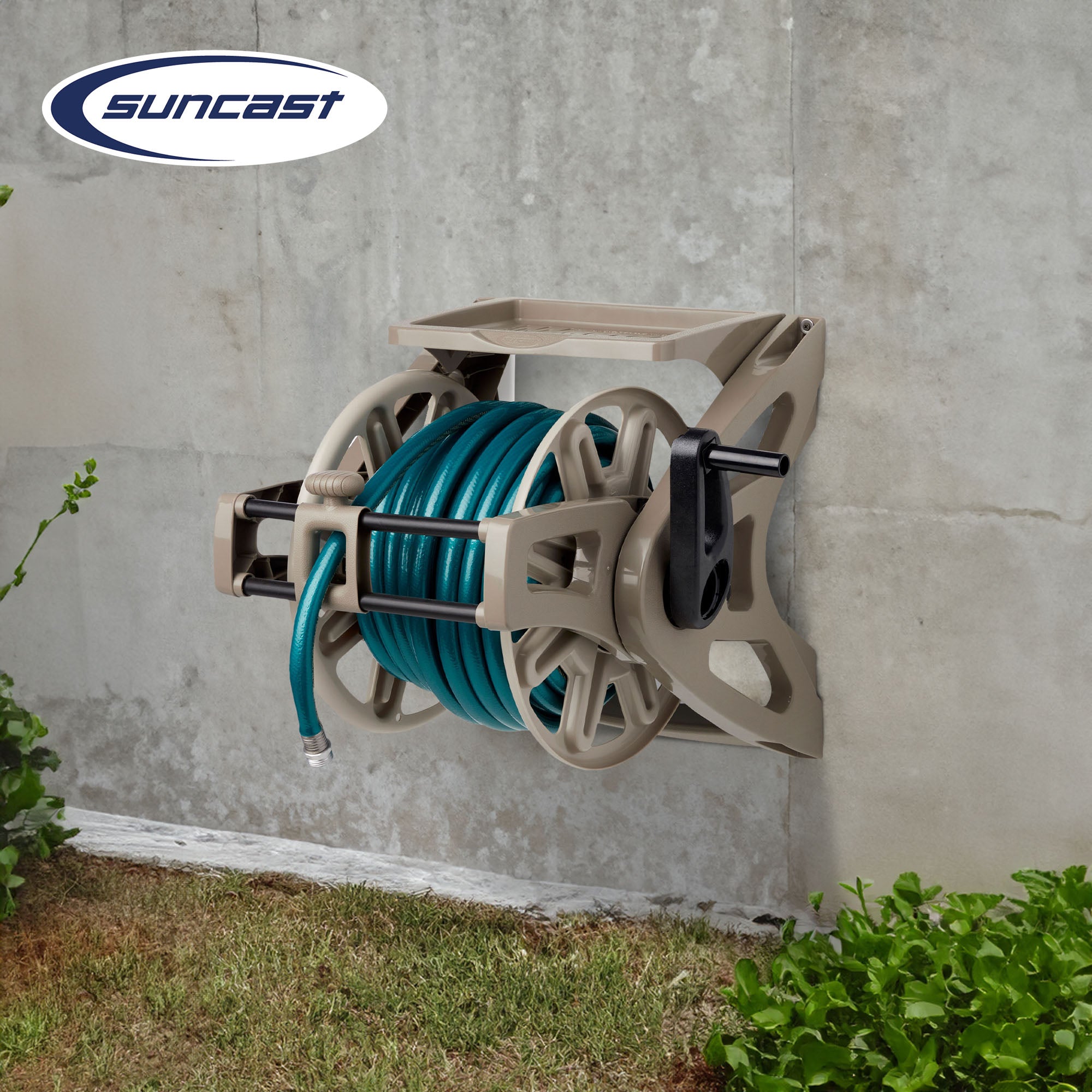 Suncast 175 Foot Slide Trak Garden Hose Wall Mounted Hose Reel, Java (Open Box)