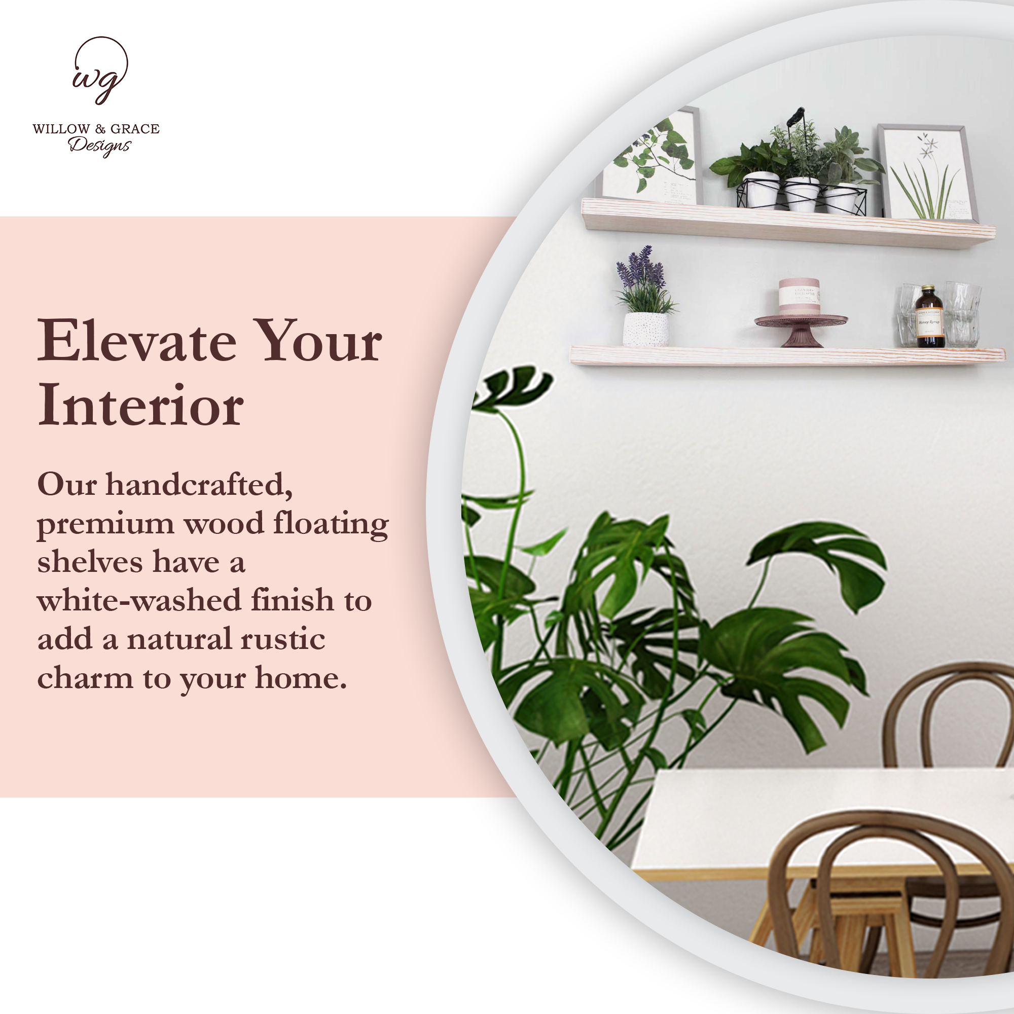 Willow & Grace Suzy 36 Inch Floating Wall Mount Shelves, White Wash (4 Pack)