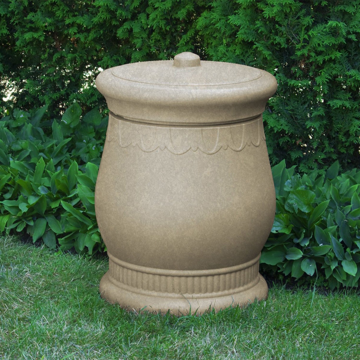 Good Ideas Savannah Outdoor Decorative 30 Gallon Storage Waste Basket Urn, Tan