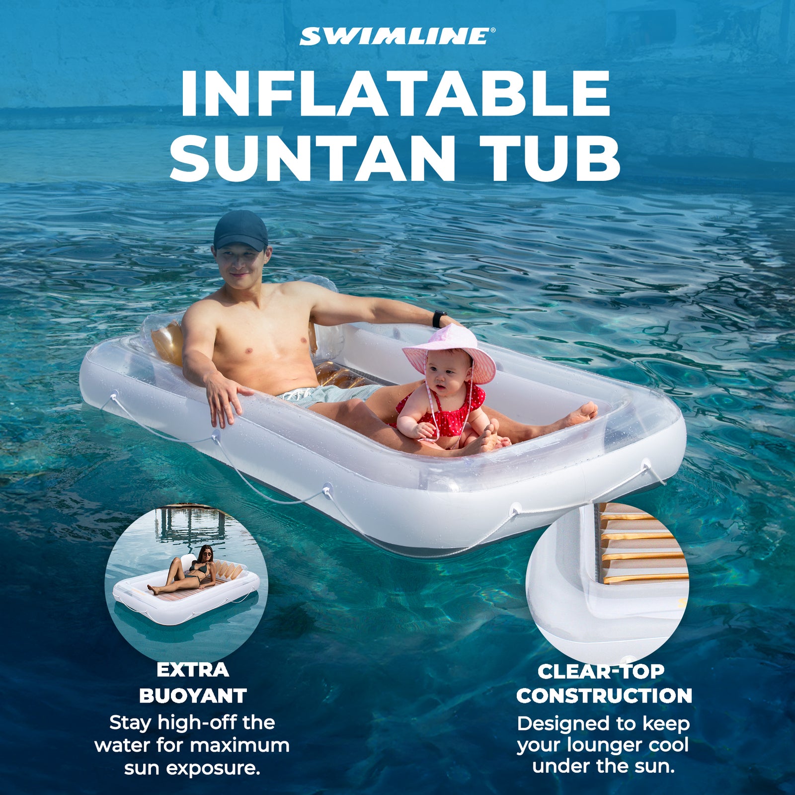 Swimline Luxe Edition Inflatable Suntan Tub Floating Pool Lounger, White & Gold - VMInnovations