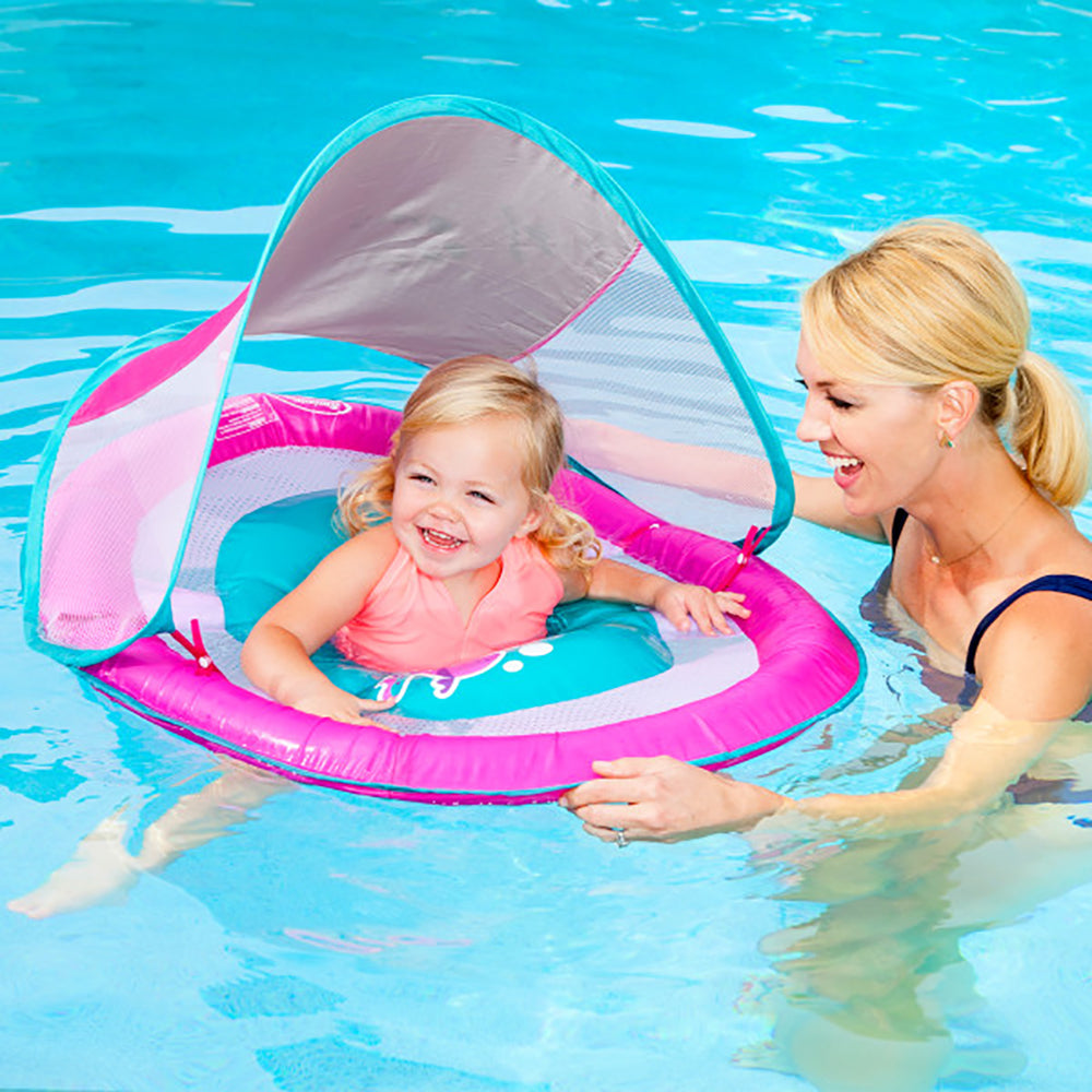 SwimWays Baby Spring Inflatable Round Pool Float w/ Protective Canopy, Pink Fish - VMInnovations