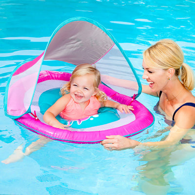 SwimWays Baby Spring Inflatable Round Pool Float w/ Protective Canopy, Pink Fish