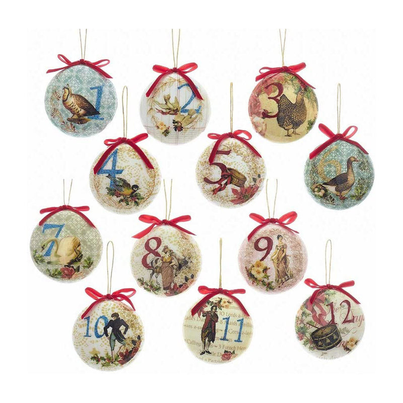 Kurt Adler 12 Piece Holiday 85mm Decoupage Ball Decorative Tree Ornament Set