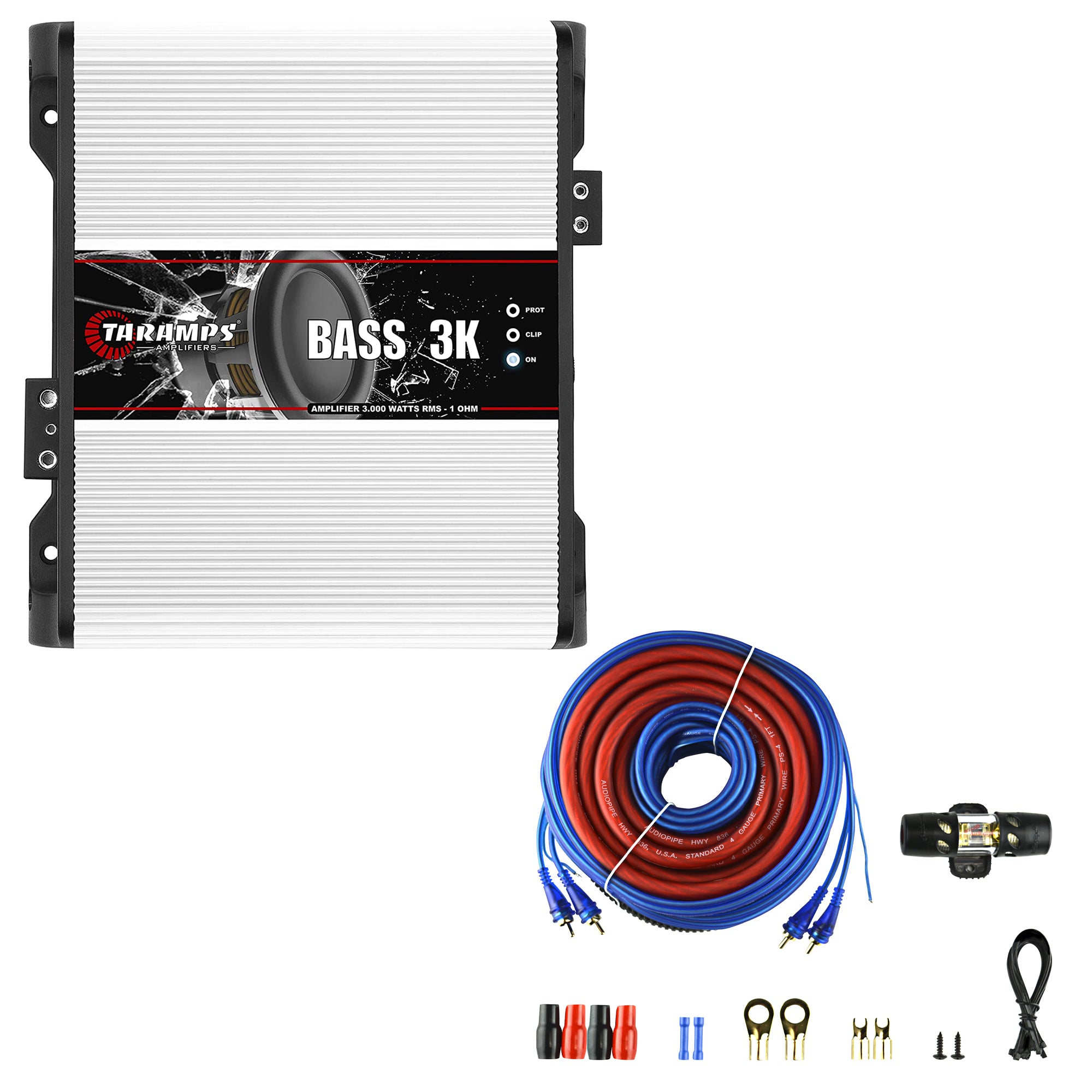 Taramps 3000 Watt Auto Mono Amplifier Bundle with Audiopipe Installation Kit