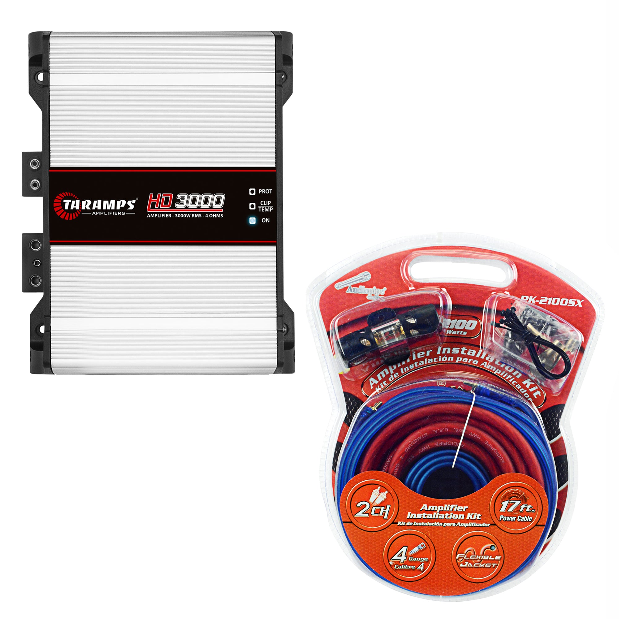 Taramps 3000 Watt Automotive Mono Amplifier Bundle w/ Audiopipe Installation Kit