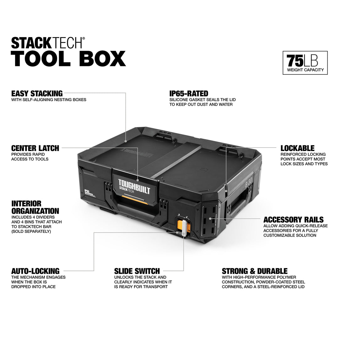 ToughBuilt StackTech Tool Box, Durable Plastic Storage Organizer, (Open Box)