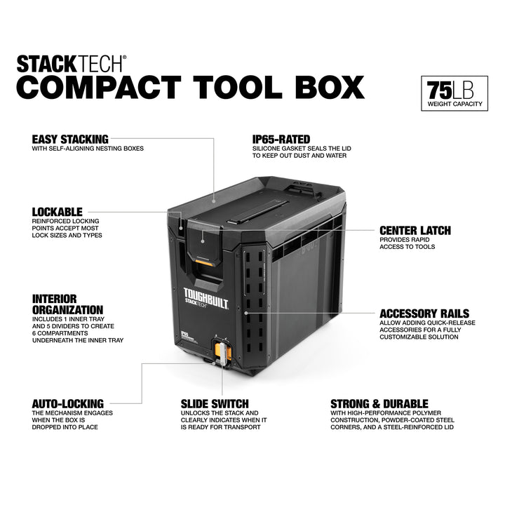 ToughBuilt StackTech Compact Tool Box Lockable Organizer with Removable Tray