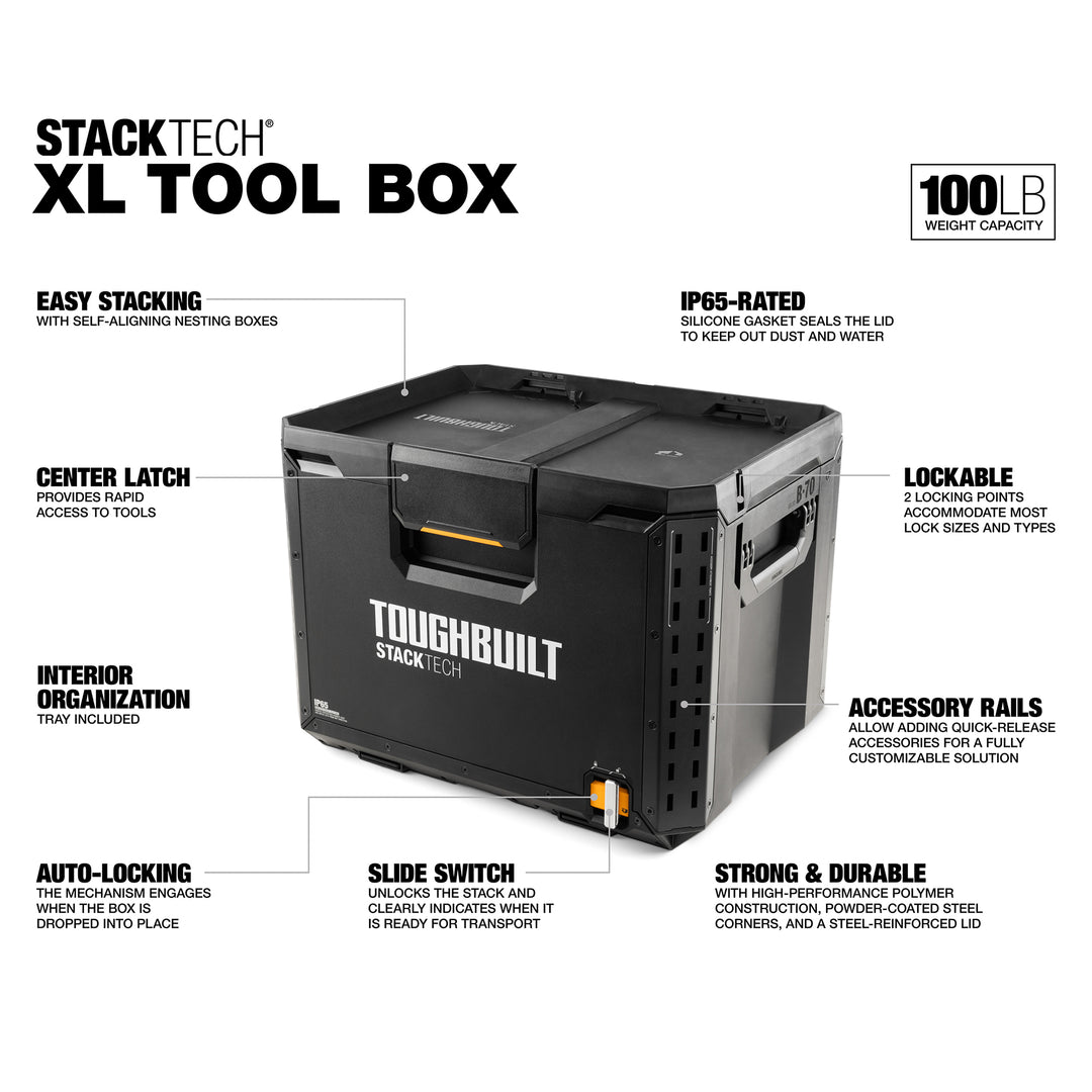 ToughBuilt StackTech XL Tool box Organizer with Lock and Removable Tray, Black