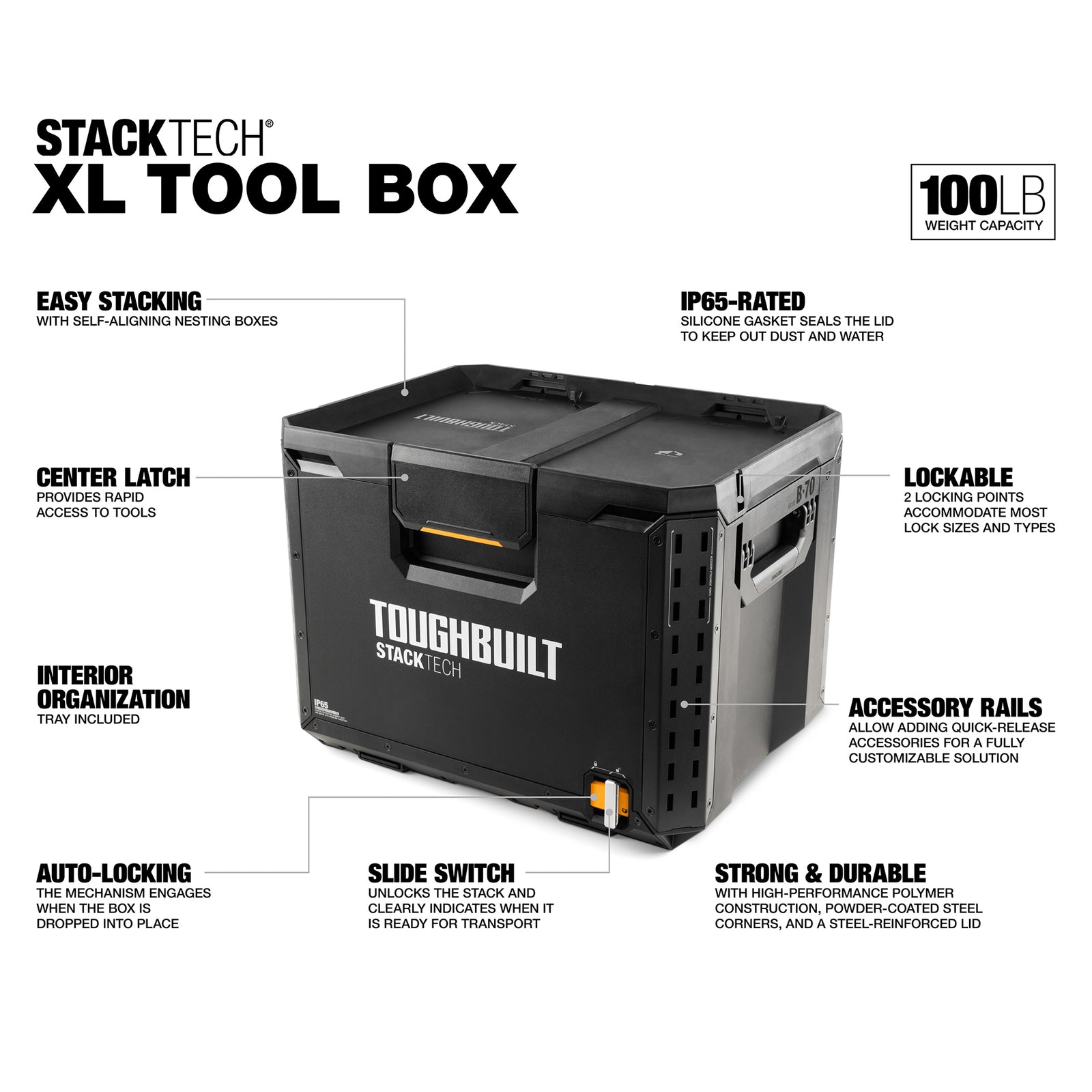 ToughBuilt StackTech XL Tool box Organizer with Lock and Removable Tray, Black - VMInnovations