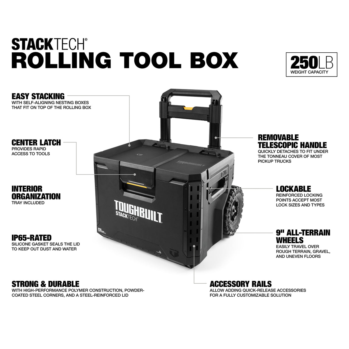 ToughBuilt Portable 2-in-1 Rolling Tool Box, Wheels & Stackable, Black(Open Box)