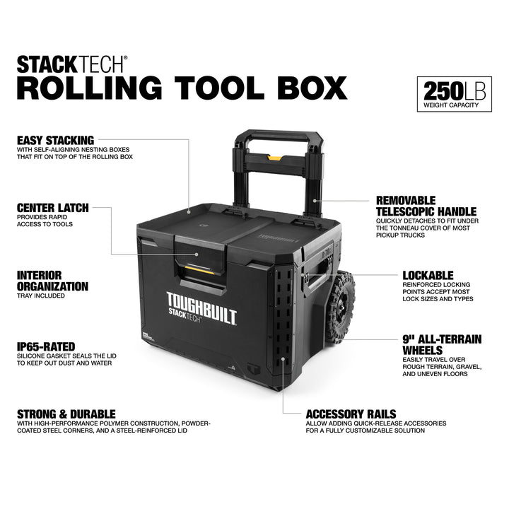 ToughBuilt Portable 2-in-1 Rolling Tool Box, Wheels & Stackable Design, Black