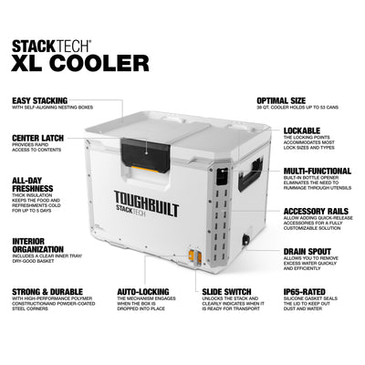 ToughBuilt StackTech XL Cooler, 38 Quart Hard Shell Ice Chest, White (Open Box) - VMInnovations