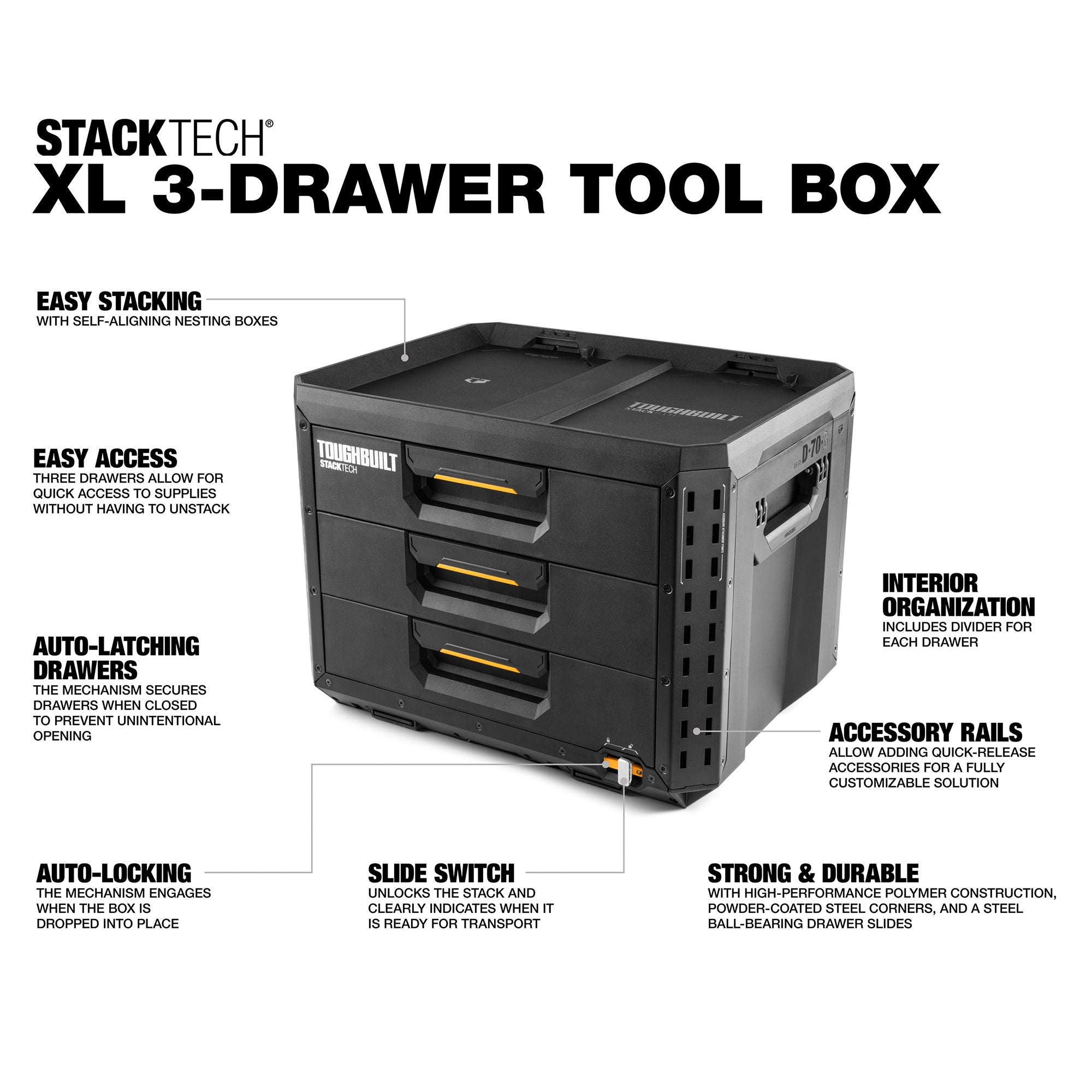 ToughBuilt StackTech 3-Drawer Tool Box, Durable Plastic Organizer (Open Box)