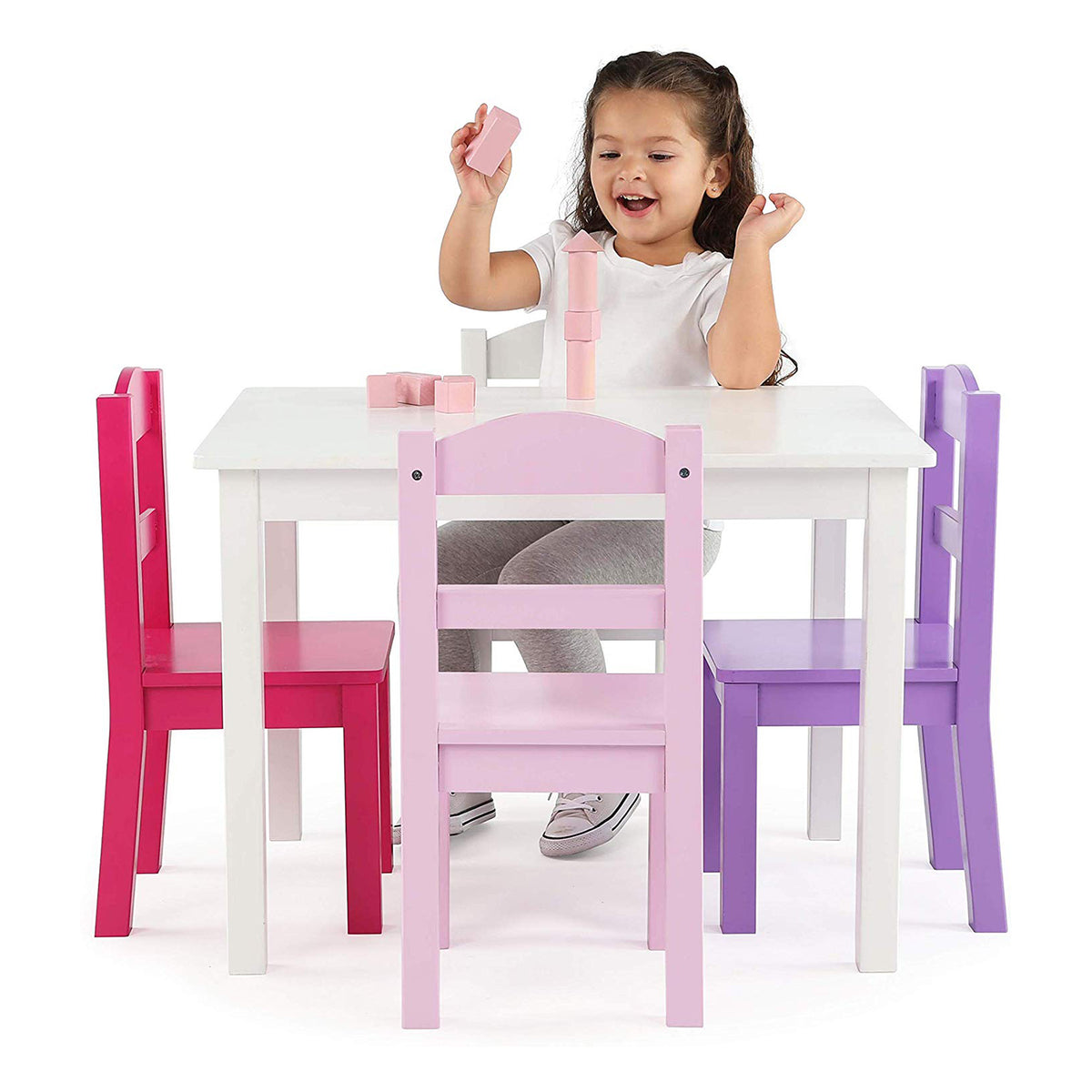 Tot Tutors Friends Collection Kids Wood Table & 4 Chair Set, White/Pink & Purple