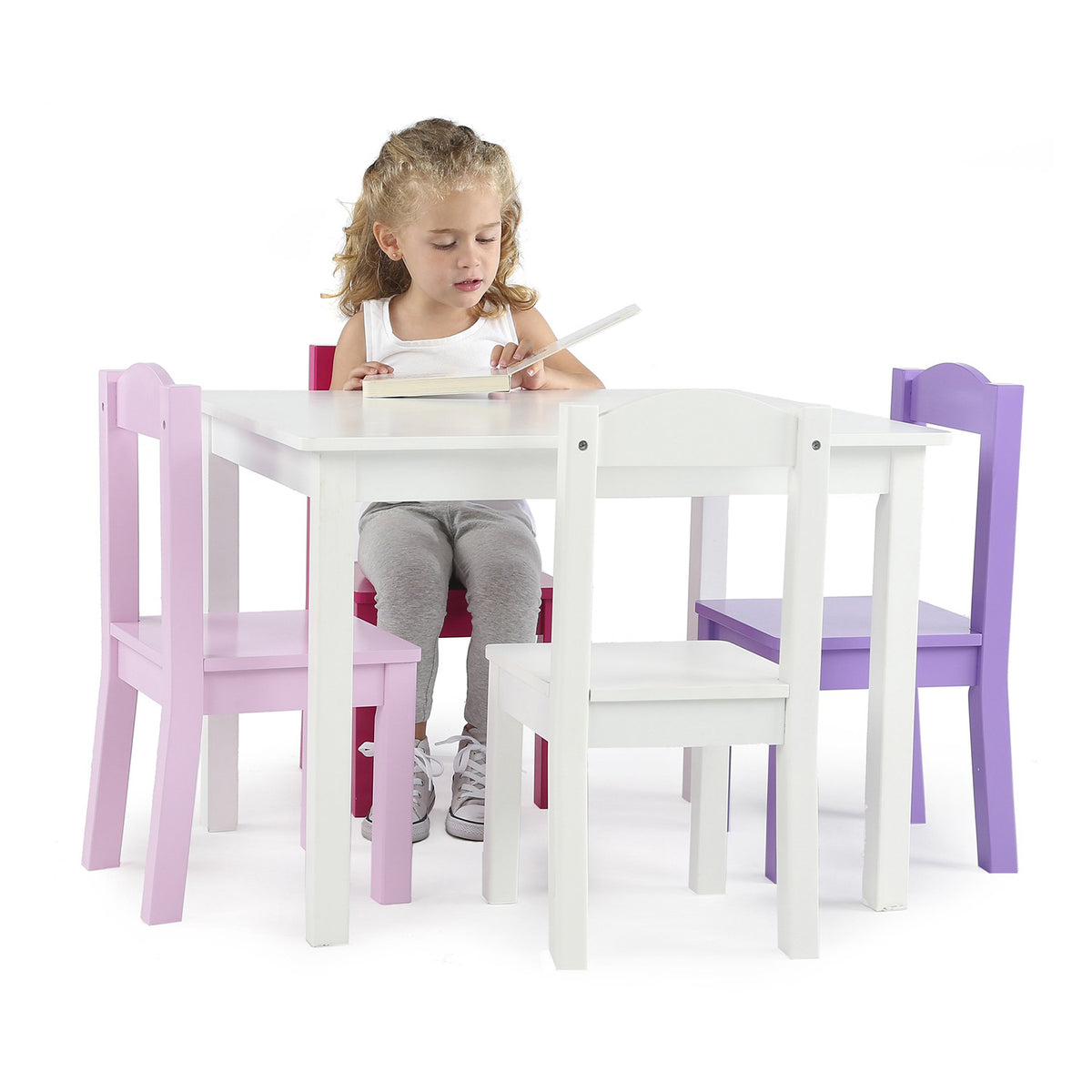 Tot Tutors Friends Collection Kids Wood Table & 4 Chair Set, White/Pink & Purple