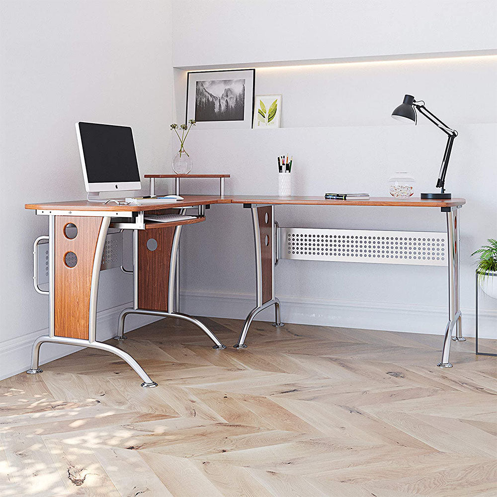 Techni Mobili L Shaped Modern Office Desk and Computer Workstation, Mahogany (Open Box)