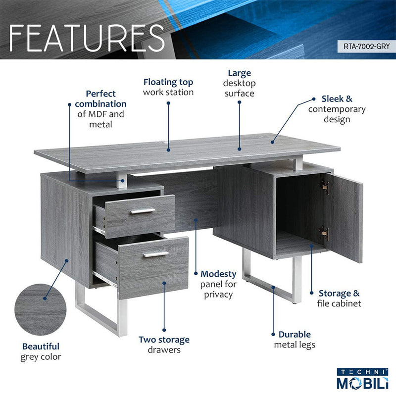 Techni Mobili 3 Drawer Modern Office Desk and Vertical Filing Cabinet, Gray