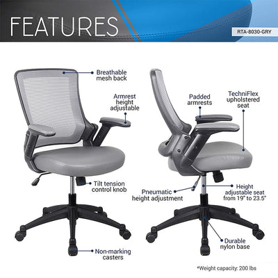 Techni Mobili Modern High Back Height Adjustable Studio Office Desk Chair, Gray