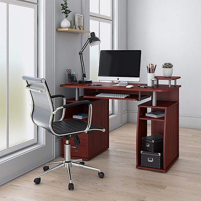 Techni Mobili Modern Office Desk and Complete Computer Workstation, Mahogany