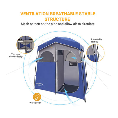 KingCamp Camping Shower and Changing Privacy Tent with Two Rooms, Blue and Gray