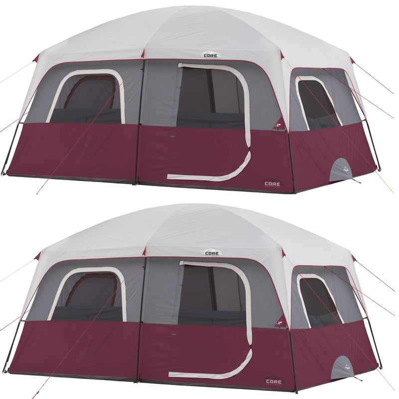 CORE Straight Wall 14 x 10Ft 10 Person Cabin Tent 2 Room & Rainfly, Red (2 Pack)