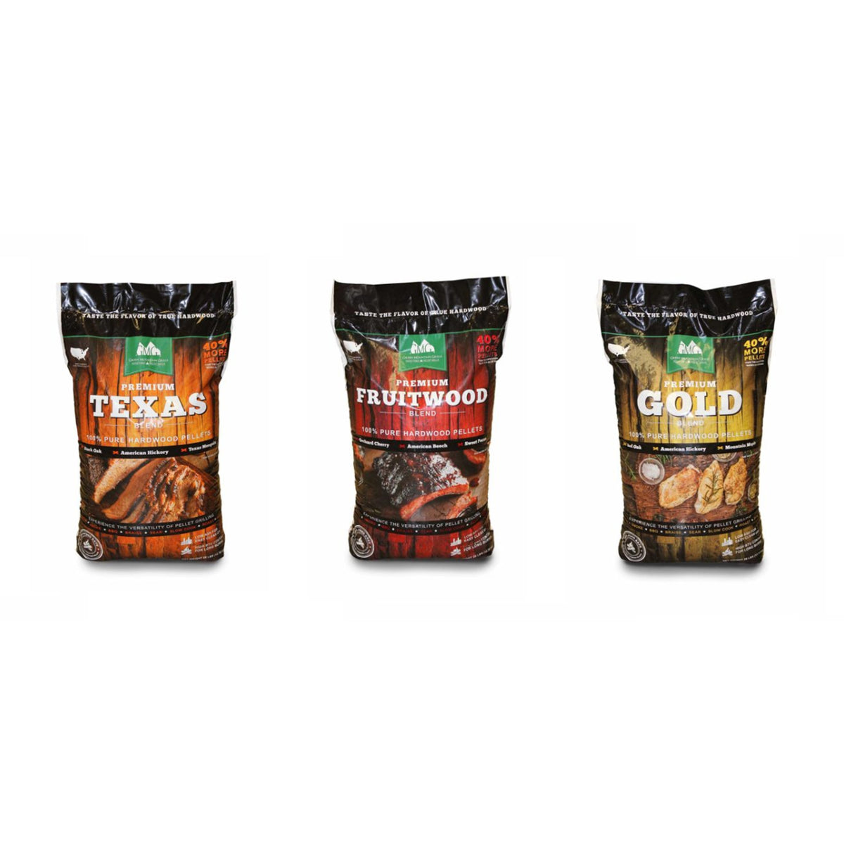 Green Mountain Grills Premium Gold, Texas, and Fruitwood Hardwood Grill Pellets