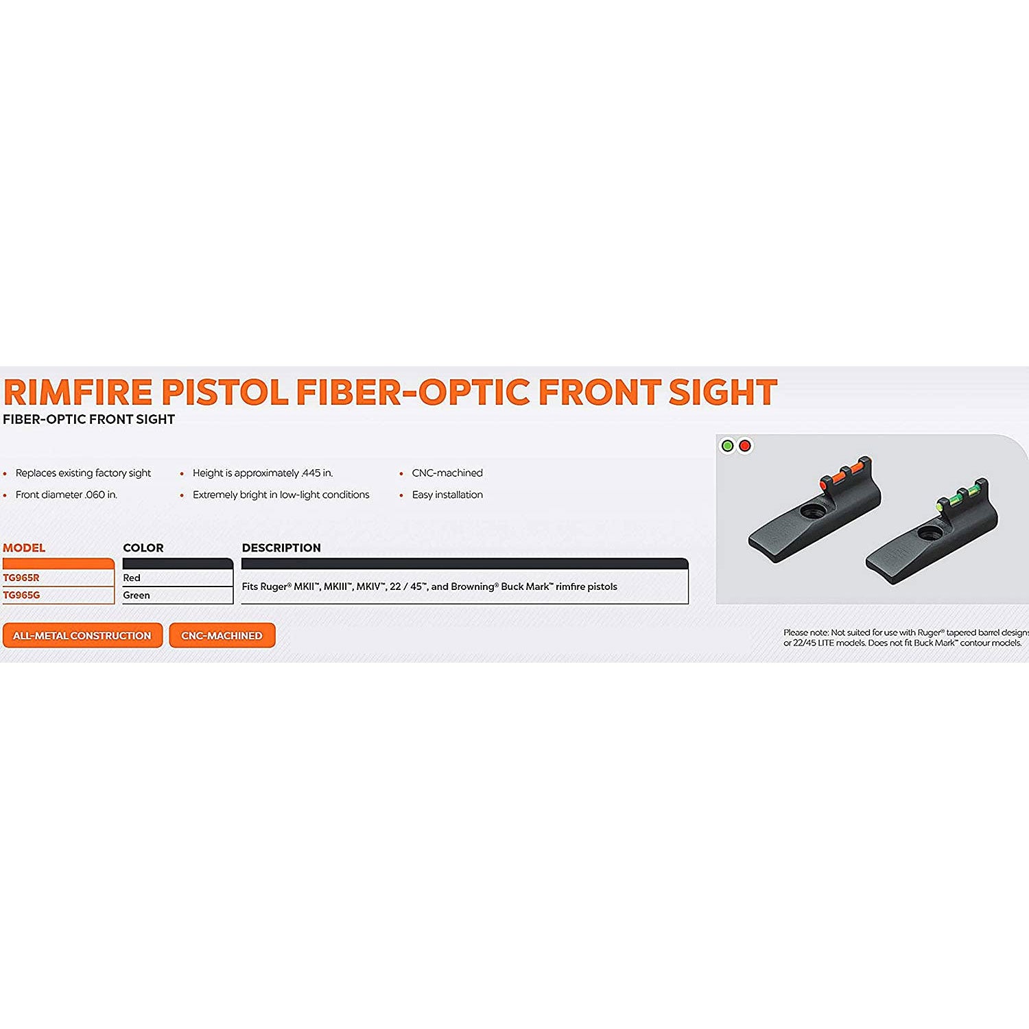 TruGlo Fiber Optic Ruger Pistol Front Sight, Mark II and III, Green (Open Box) - VMInnovations