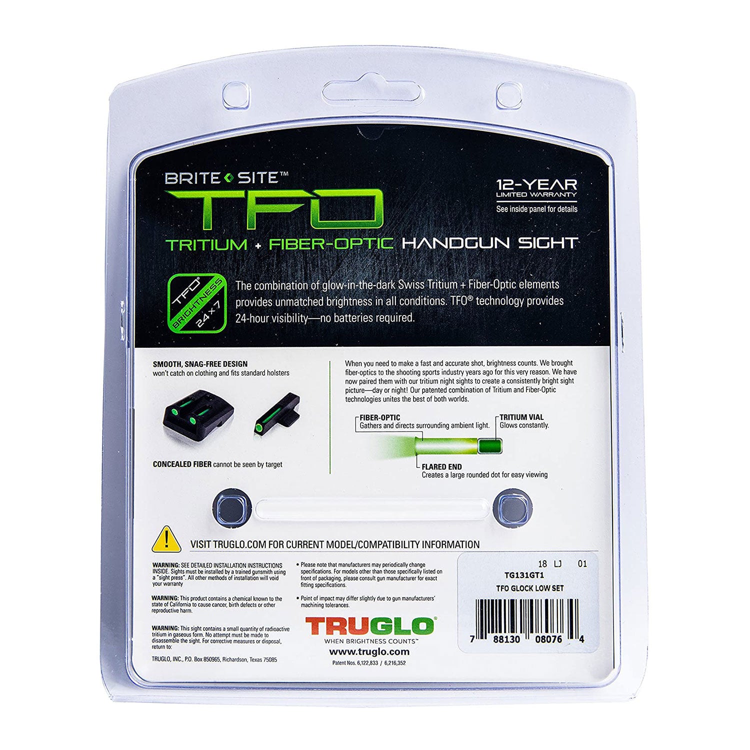 TruGlo TFO Tritium Fiber Optic Sight, Glock 17/17L & More, Green (Open Box) - VMInnovations