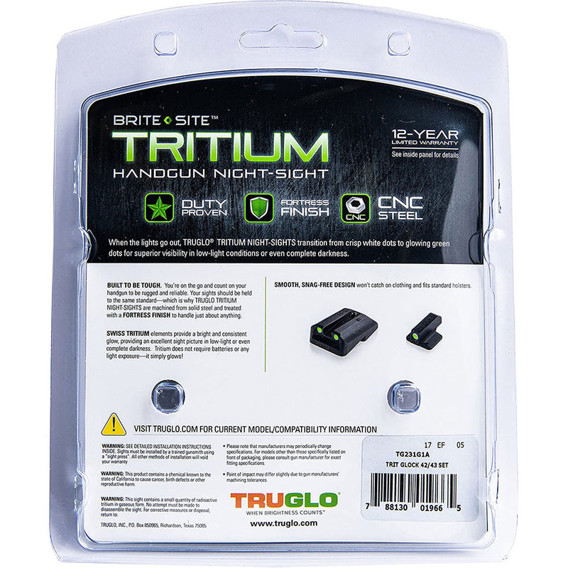 TruGlo Tritium Glow in the Dark Glock Pistol Handgun Sight Set, Glock 42 and 43