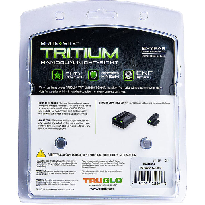 TruGlo Tritium Glock Pistol Handgun Sight Set, Glock 42 and 43 (Open Box)