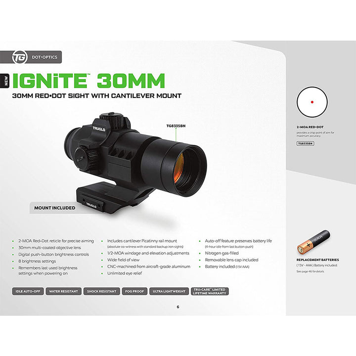 TruGlo Ignite Mini Compact Aluminum 30mm Red Dot Sight with Cantilever Mount