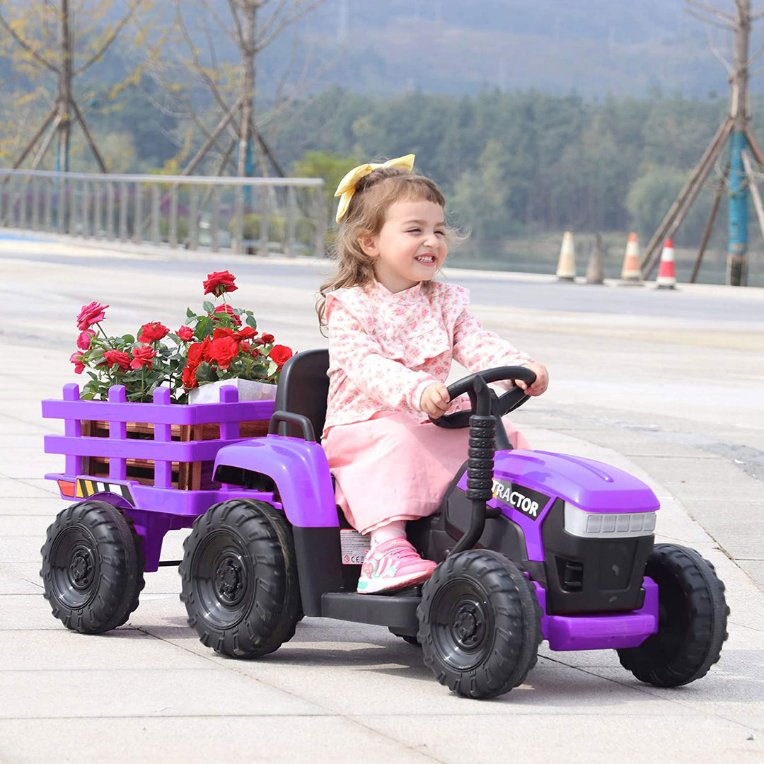 TOBBI 12V Kids Electric Battery-Powered Ride On Toy Tractor w/ Trailer, Purple - VMInnovations