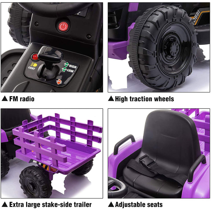 TOBBI 12V Kids Electric Battery-Powered Ride On Toy Tractor w/ Trailer, Purple - VMInnovations
