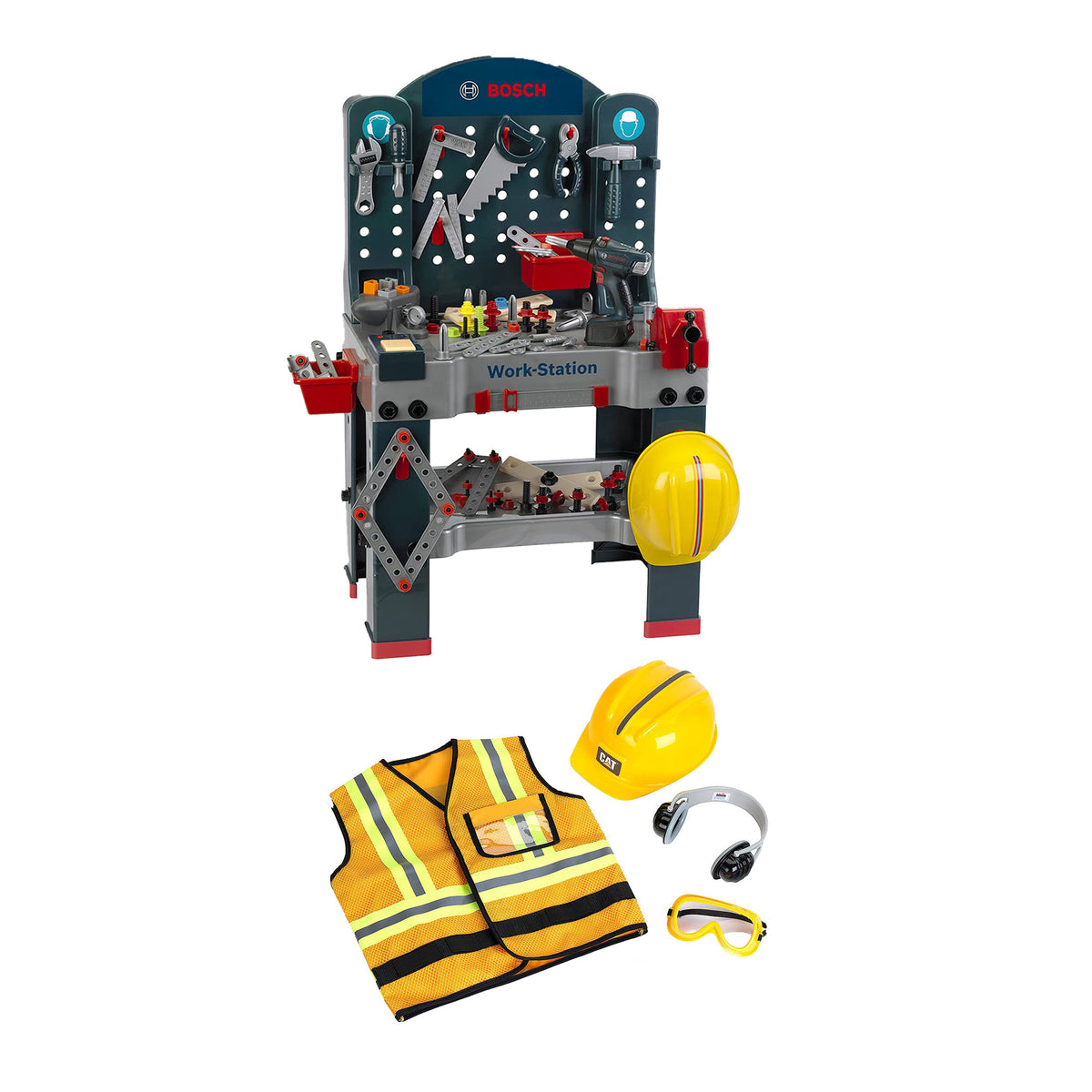 Theo Klein Bosch Toy Workbench w/ Construction Worker Costume Set