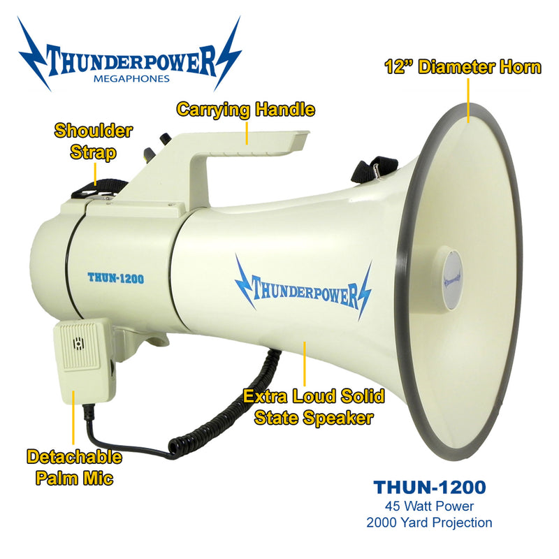 ThunderPower 45W 2000 Yard PA Bullhorn Megaphone Speaker with Siren (Open Box)