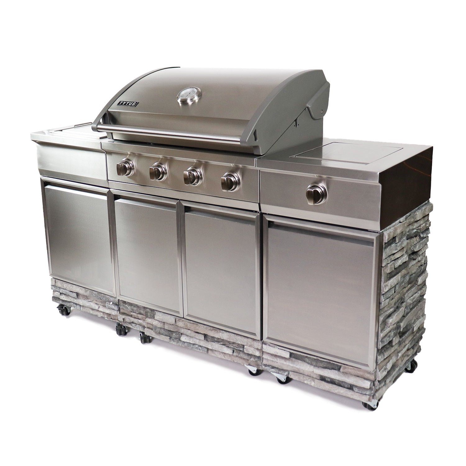 TYTUS Ash Stacked Stone Liquid Propane 4 Burner Stainless Steel Grill Island - VMInnovations