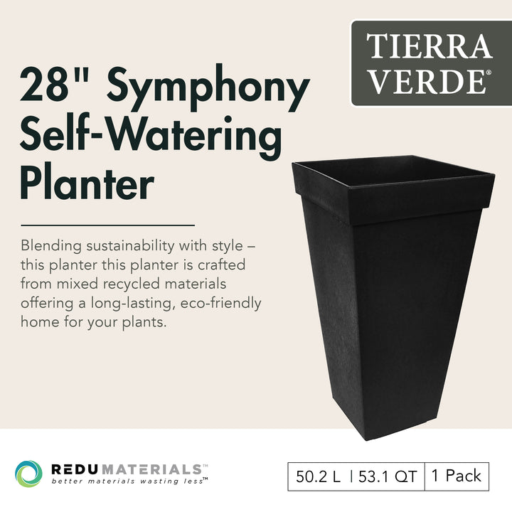 Tierra Verde Symphony Self Watering Square Planter, 15"W x 28"H, Black