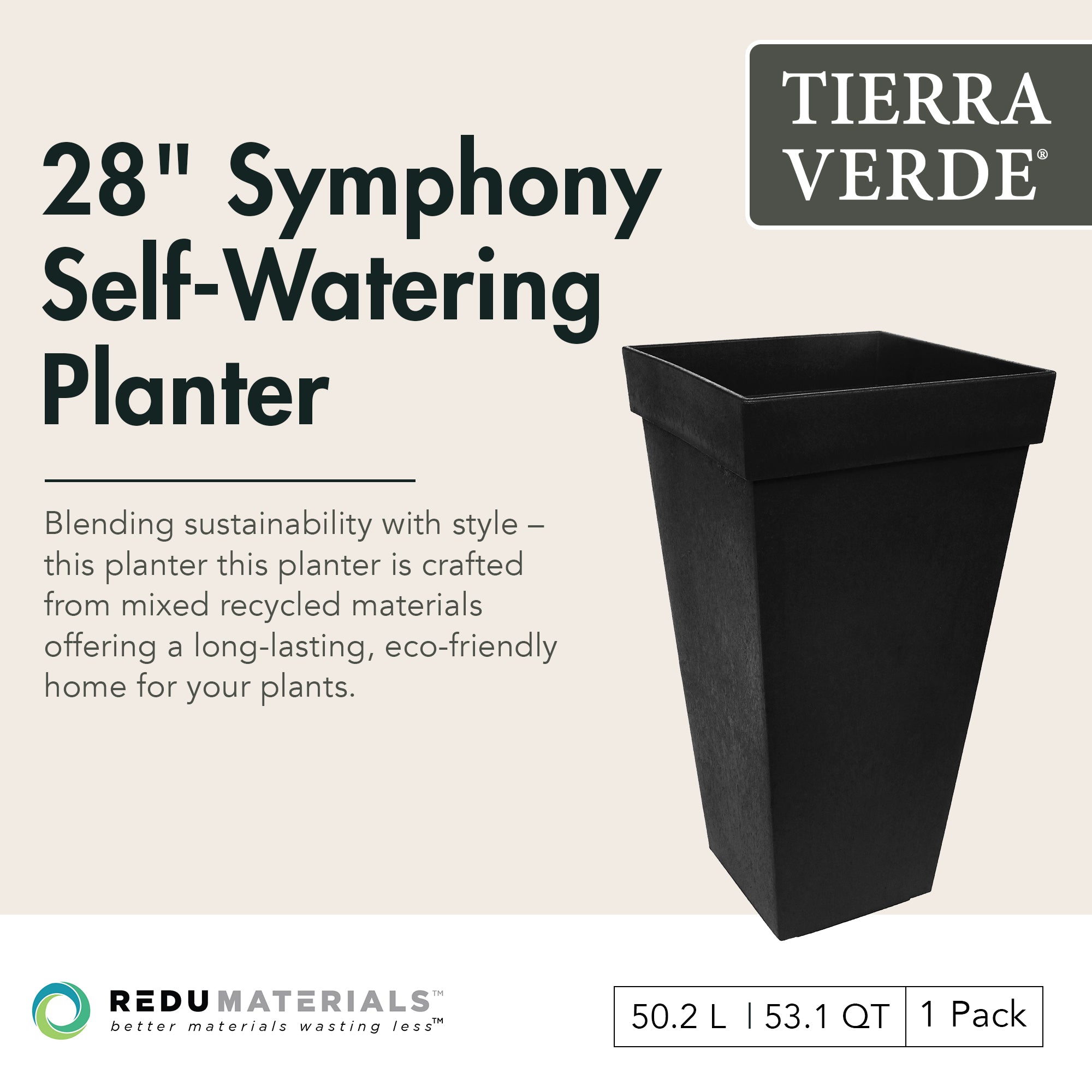 Tierra Verde Symphony Self Watering Square Planter, 15"W x 28"H, Black(Open Box)