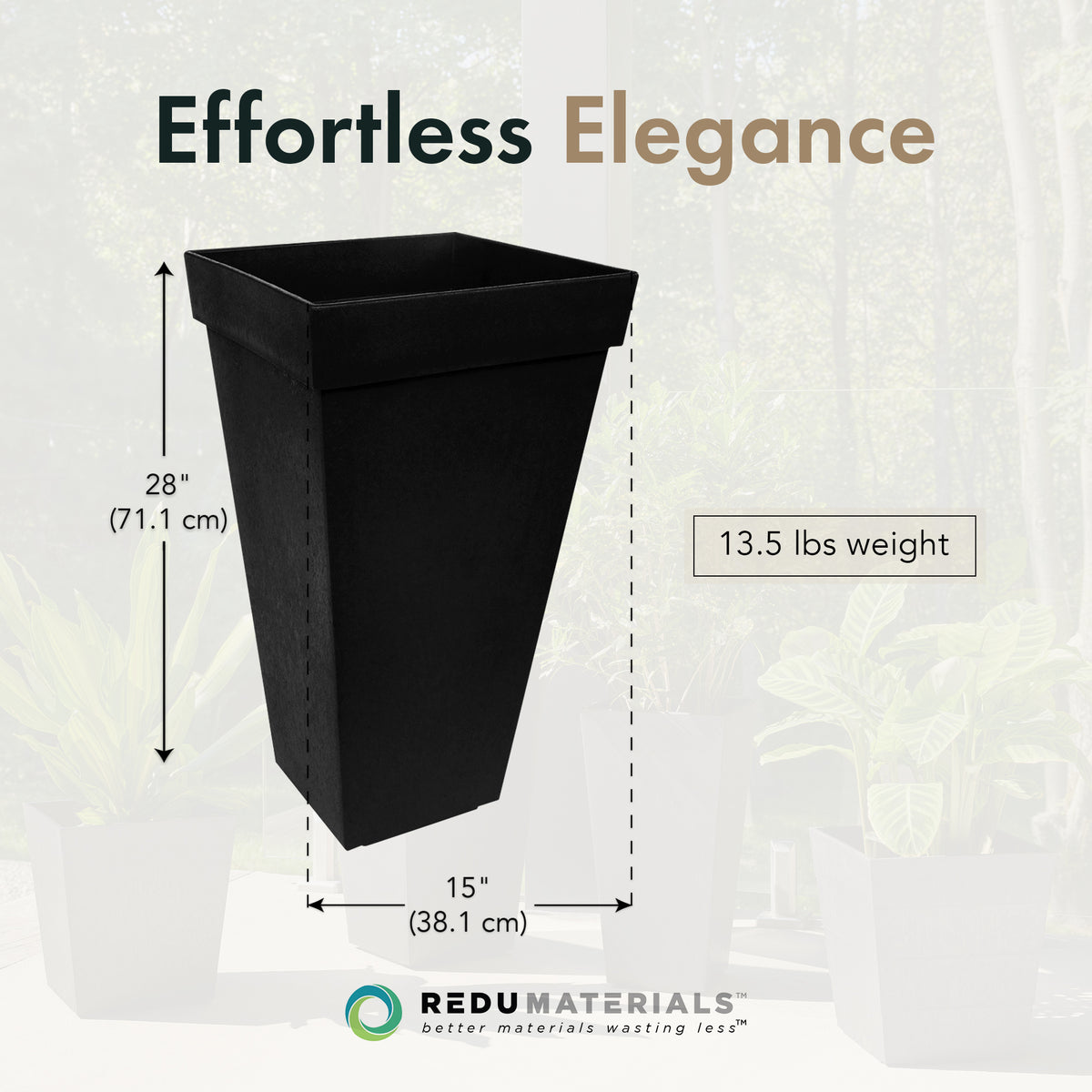 Tierra Verde Symphony Self Watering Square Planter, 15"W x 28"H, Black