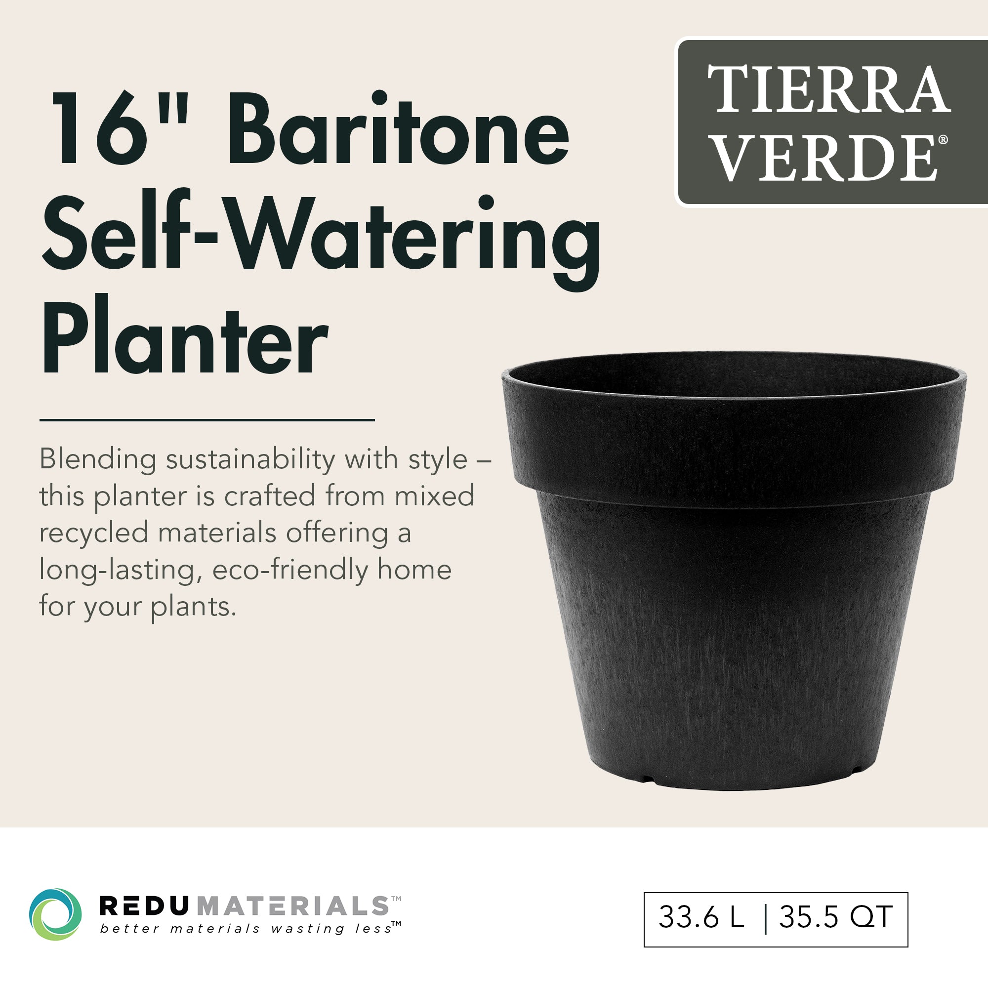 Tierra Verde Baritone Planter, Indoor Outdoor Self Watering Pot, 18"W x 16"H - VMInnovations