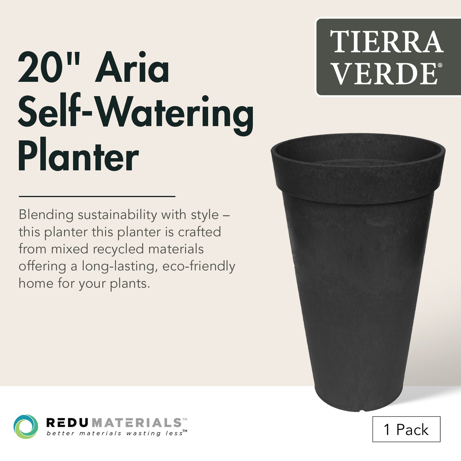 Tierra Verde Aria Indoor Outdoor Self Watering Planter, 12.5"W x 20"H, Black - VMInnovations