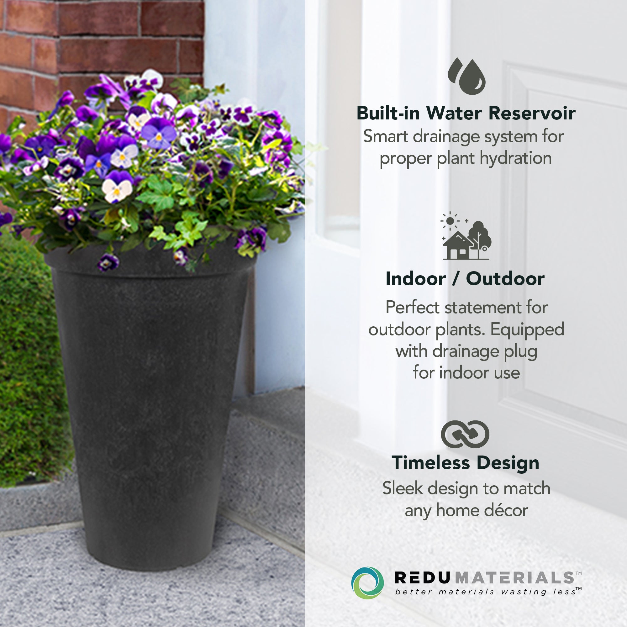 Tierra Verde Aria Indoor Outdoor Self Watering Planter, 12.5"W x 20"H, Black - VMInnovations