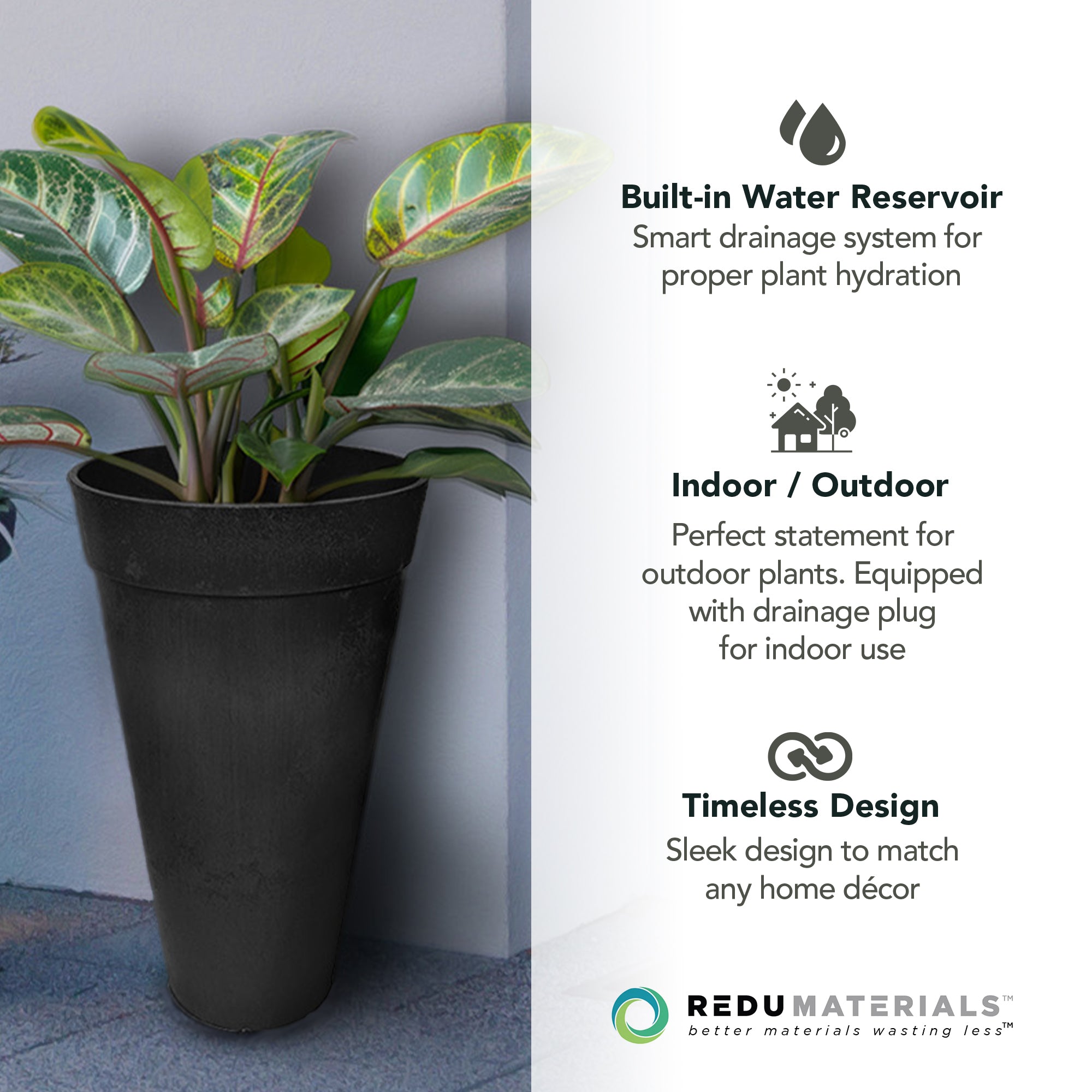 Tierra Verde Aria Indoor Outdoor Self Watering Tall Planter, 15"W x 26"H, Black - VMInnovations